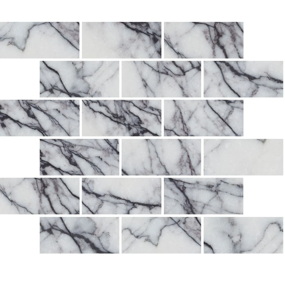 A collage of various rectangular sections of white marble with gray and black veining.