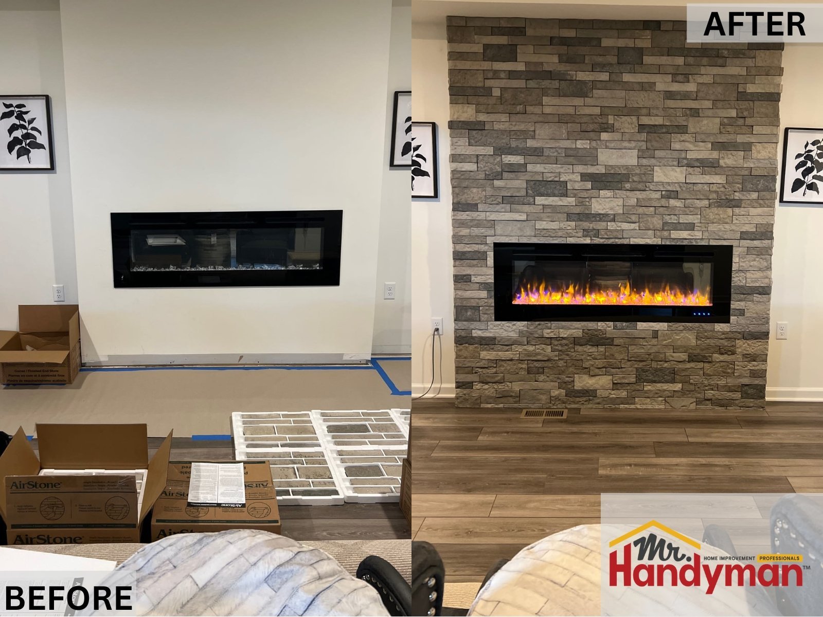 Before and after of a basement fireplace wall transformation, featuring the installation of a stacked stone surround around an electric fireplace insert by Mr. Handyman.