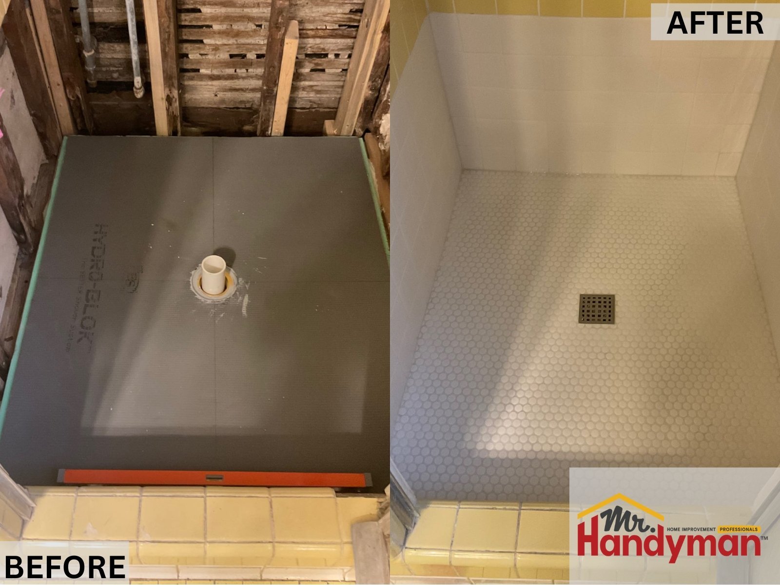 Walk-In Shower Upgrade – Before and after showing a tiled walk-in shower installation from bare framing to finished tile.