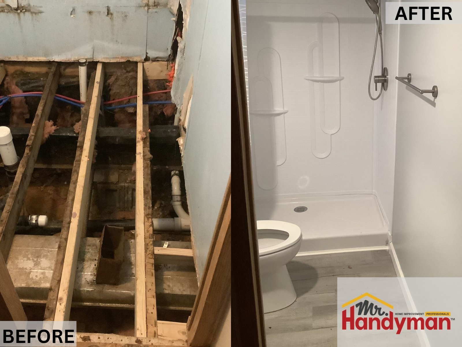 Full Bathroom Conversion – From exposed subfloor and plumbing to a finished bathroom with shower, toilet, and new waterproof flooring.