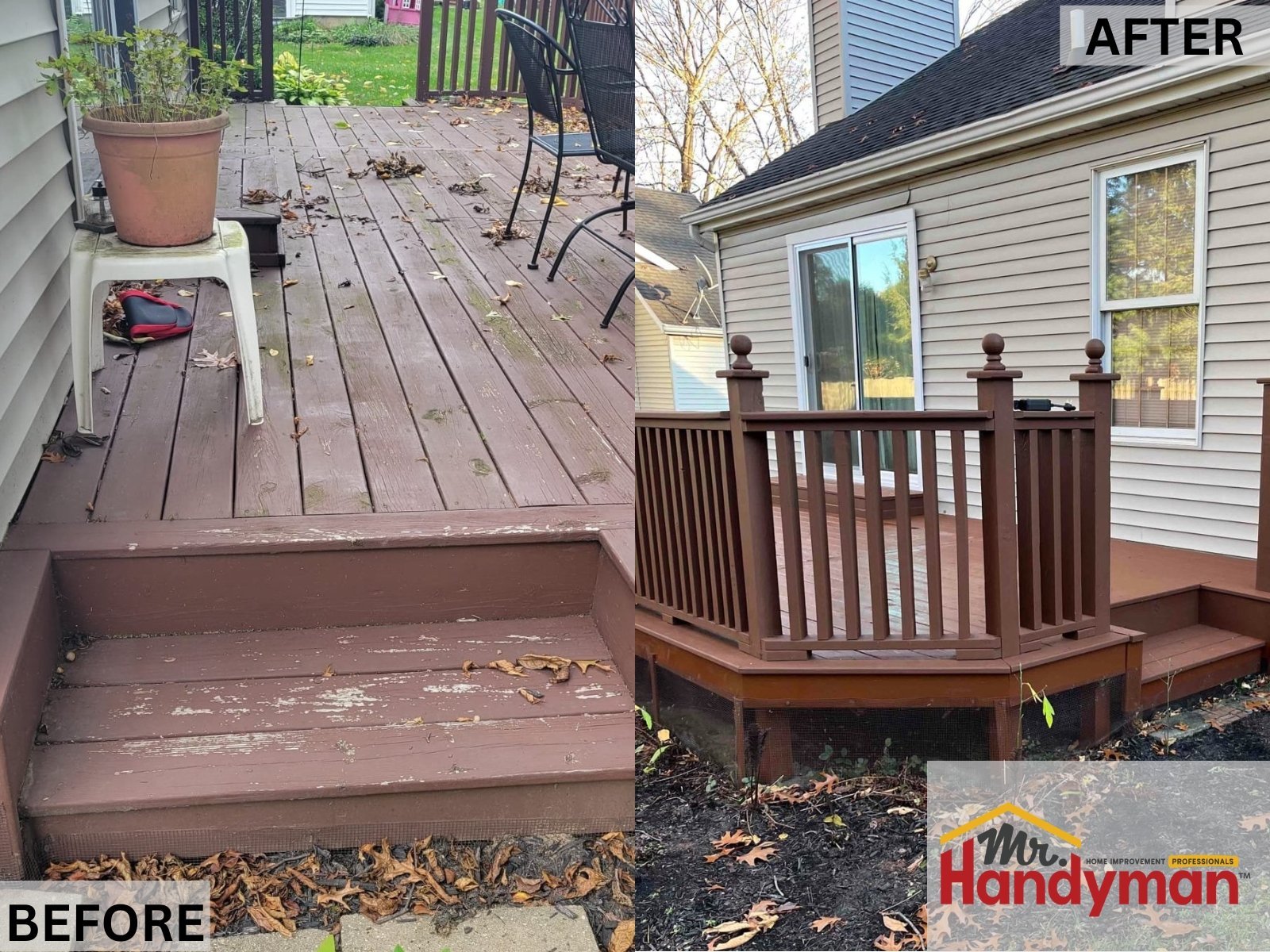 Before and after comparison of a wooden deck repaired and refinished by Mr. Handyman, including new railings and refreshed stain.