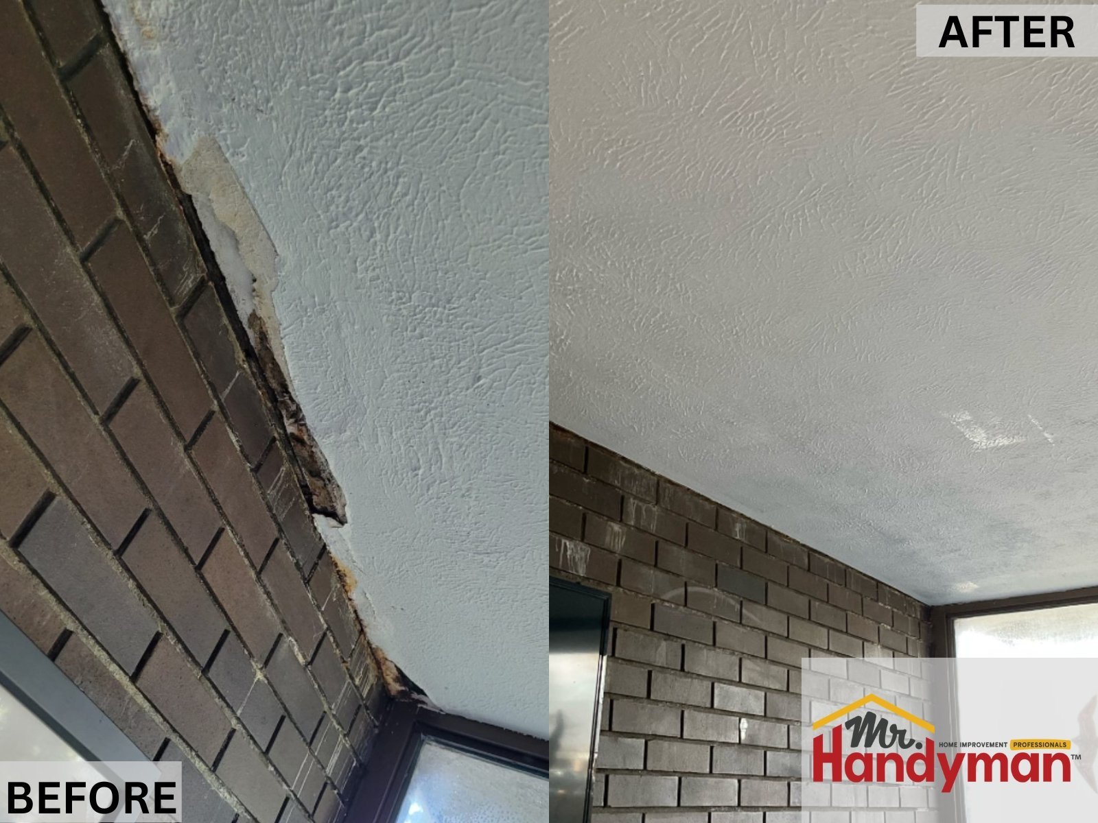Before and after interior ceiling repair from water damage near brick wall – Tampa FL handyman project