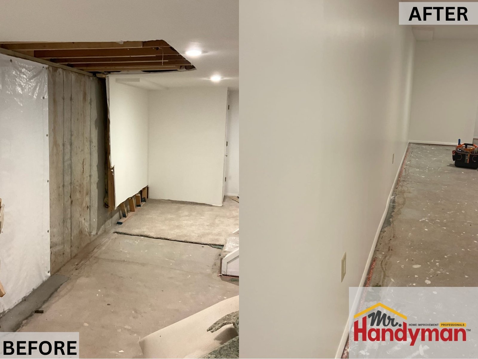 Before and after of basement wall repair showing exposed framing and concrete replaced with finished drywall and baseboards.