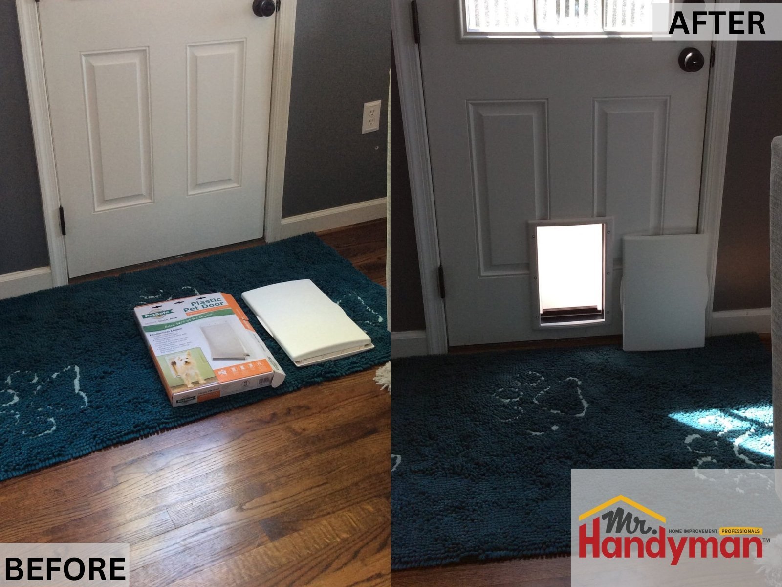 Side-by-side view of a pet door installation, showing an unmodified door next to the completed pet access installed neatly at the bottom.