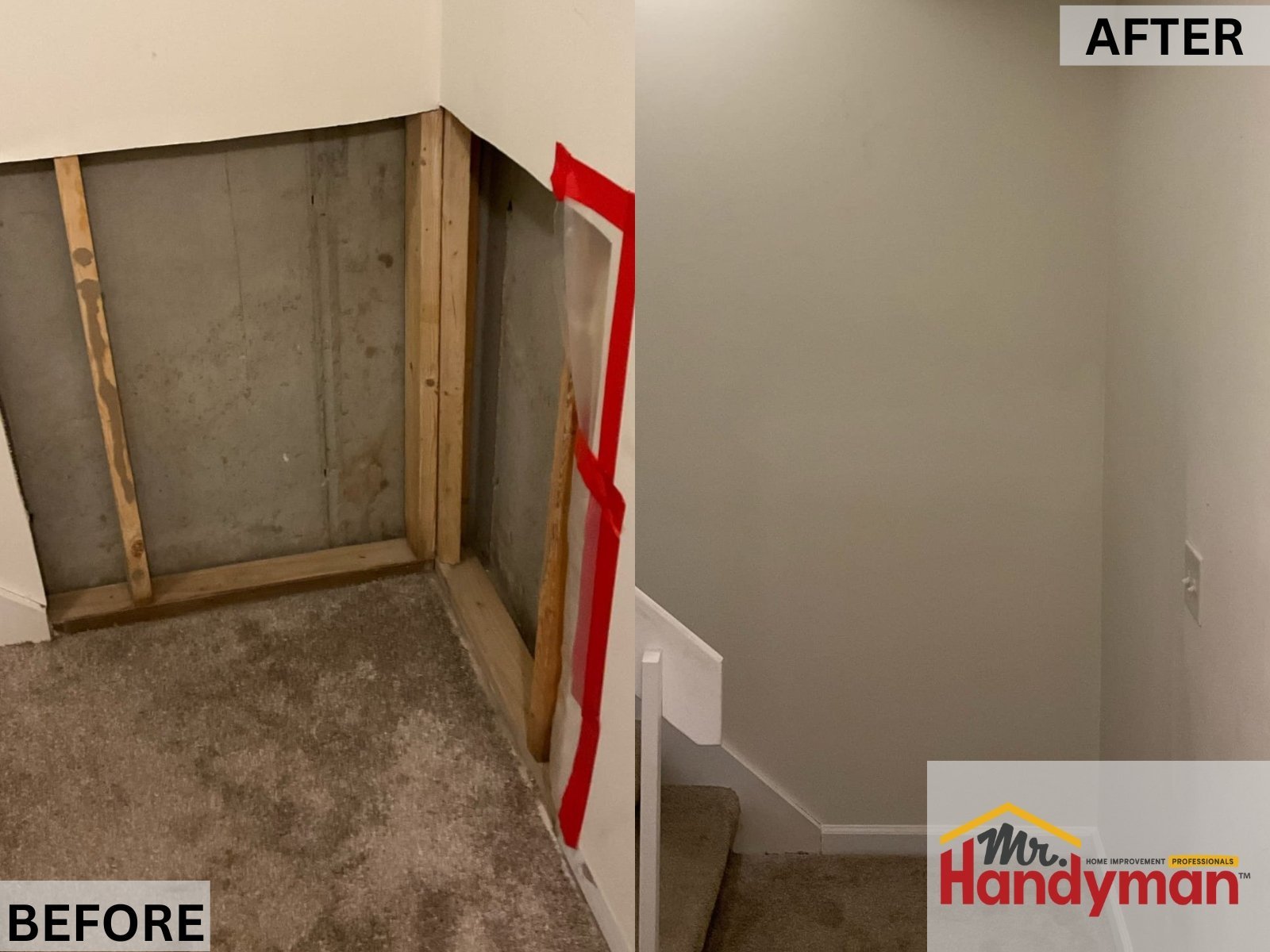 Before and after of drywall repair at a stair landing, with exposed framing and concrete closed off with smooth finished wall.
