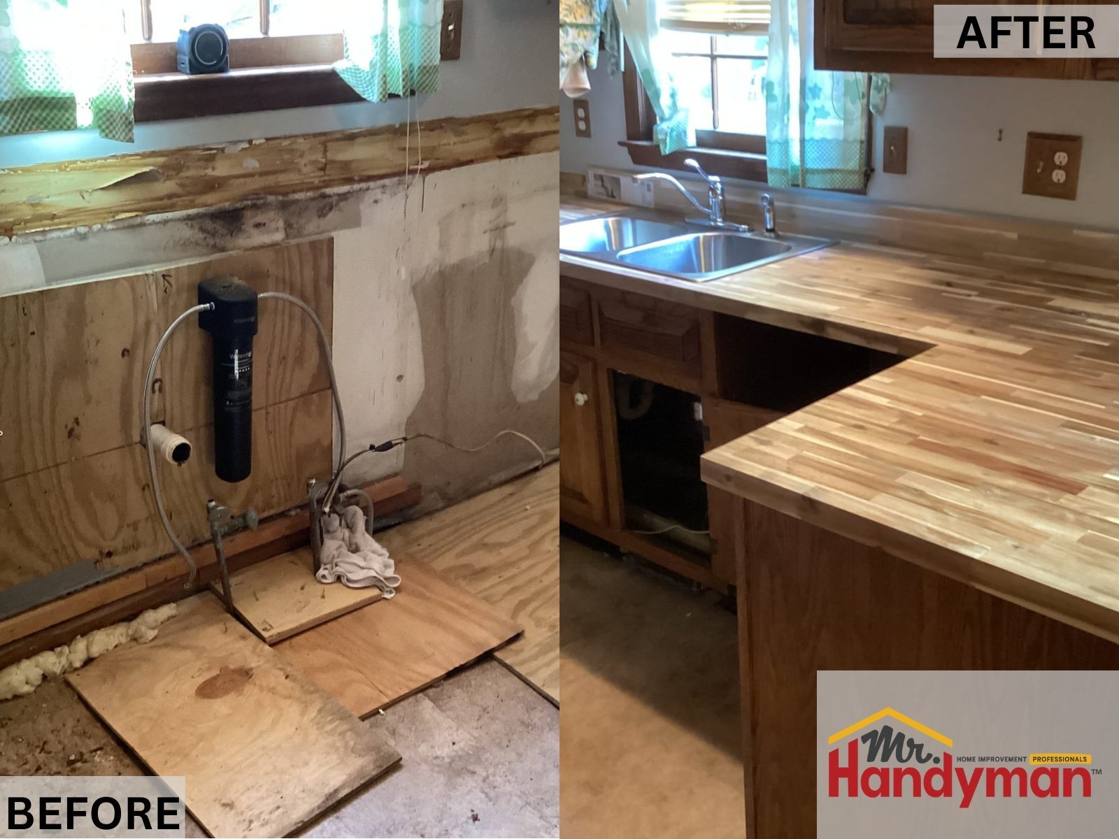 Before and after of kitchen countertop replacement, featuring wood butcher block counters and dual sink installation.