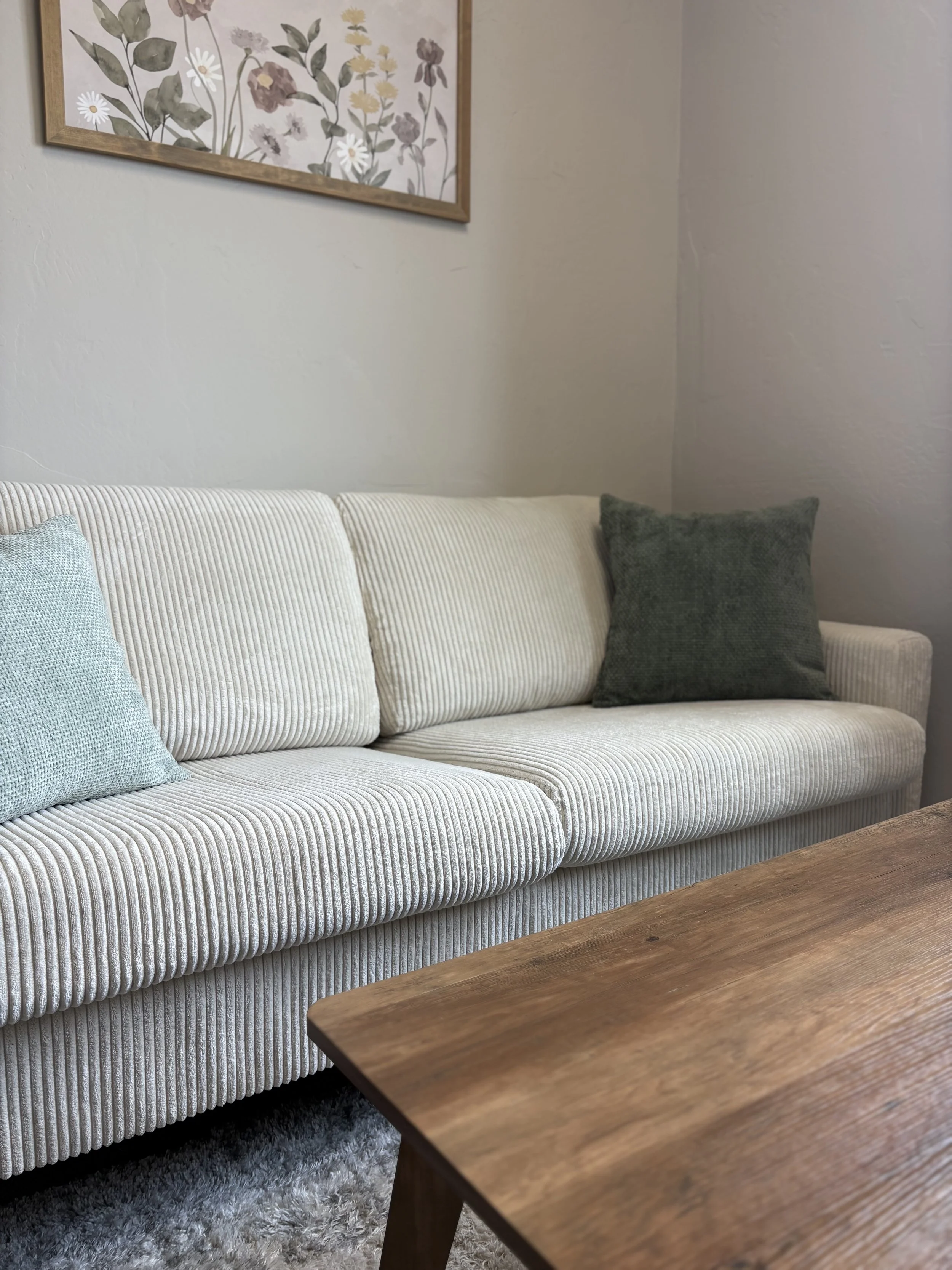 Living room with a beige, ribbed fabric sofa with two pillows, one light blue and one dark green, a wooden coffee table, a framed botanical print on the wall, and a gray shaggy rug.