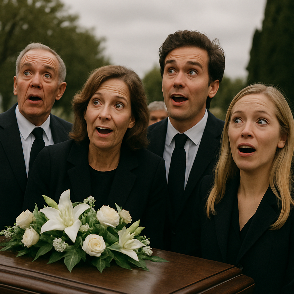 Group of four people mourning at a funeral, standing around a casket with a bouquet of white flowers, outdoors on a cloudy day.