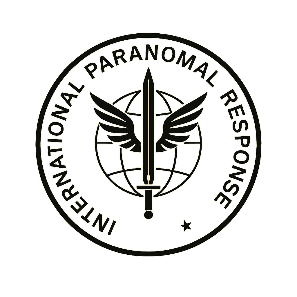 Logo of the International Paranormal Response Service featuring a globe, a sword with wings, and a star, with text encircling it.