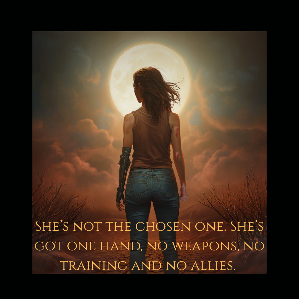 A woman with long hair, a damaged arm, and an injured shoulder stands with her back to the viewer, facing a large full moon in a dark, cloudy sky. The ground is cracked and barren with a few leafless branches. Overlaid text reads: "She’s not the chosen one. She’s got one hand, no weapons, no training and no allies."