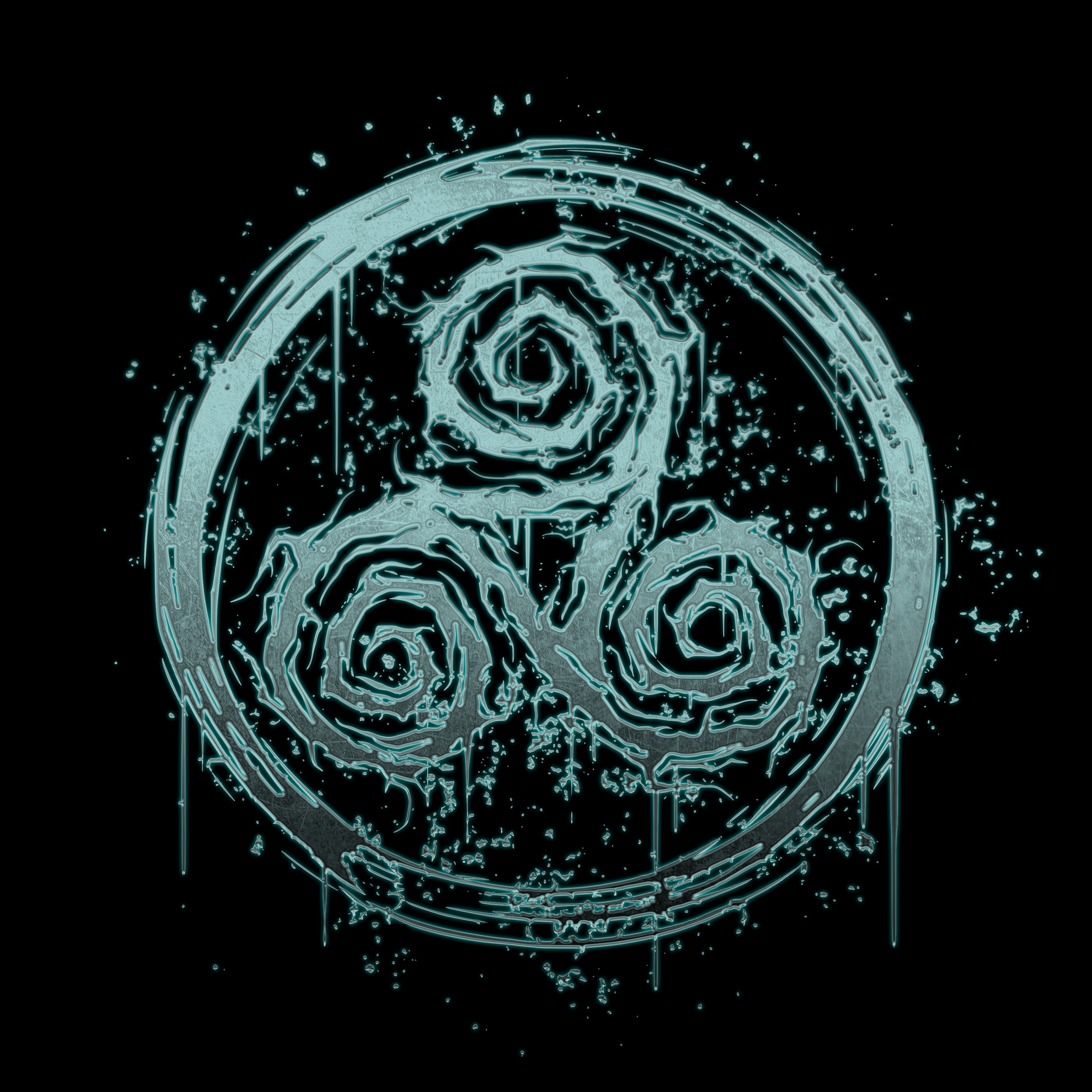 A glowing, stylized circular symbol with three spirals connected by lines inside a larger circle, set against a black background.