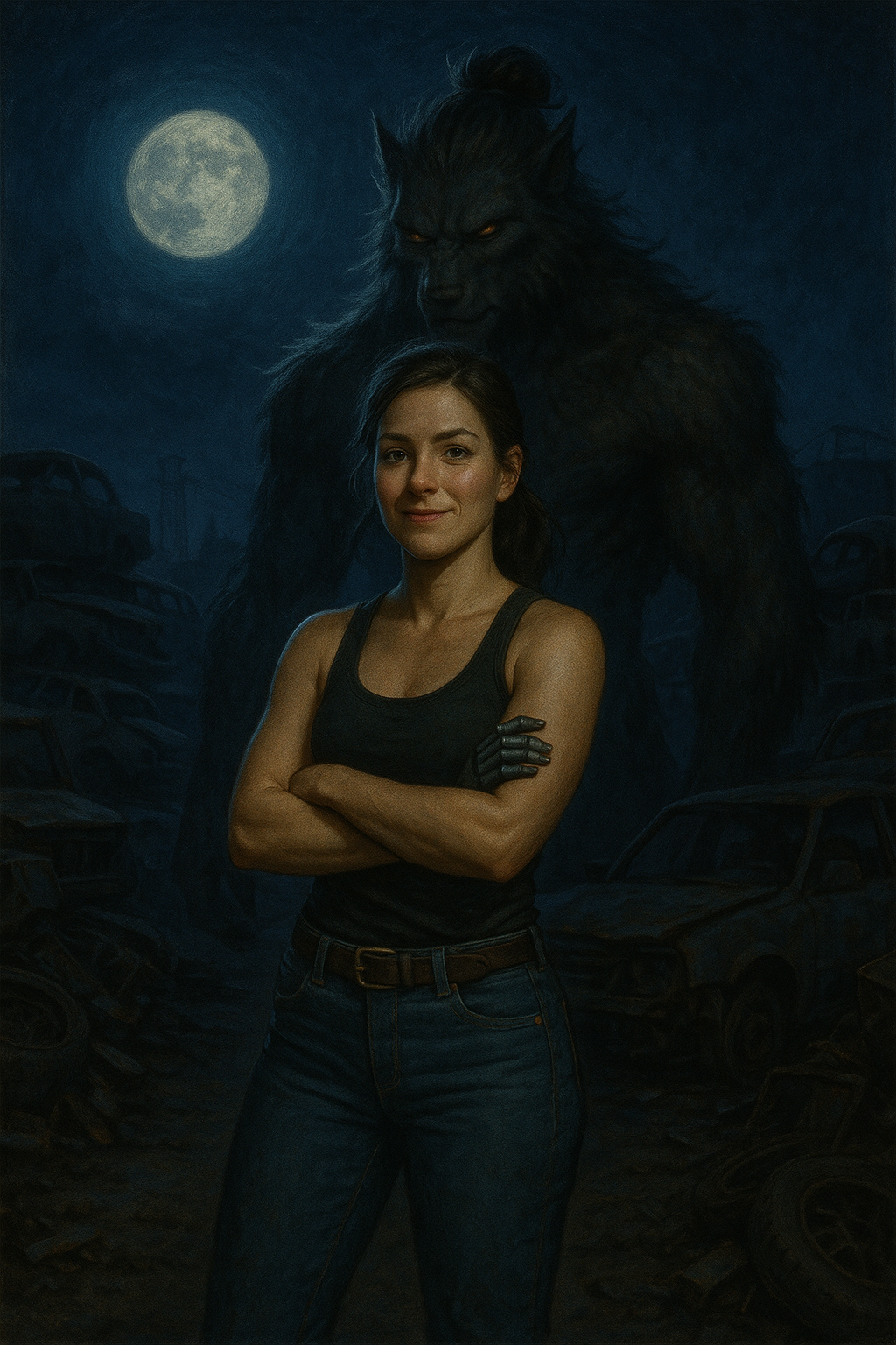 A young woman with dark hair in a ponytail, wearing a black tank top and jeans, stands with her arms crossed in front of a dark, painted background. The backdrop features a full moon, a large shadowy werewolf figure with glowing eyes, and a landscape of derelict cars and wreckage.