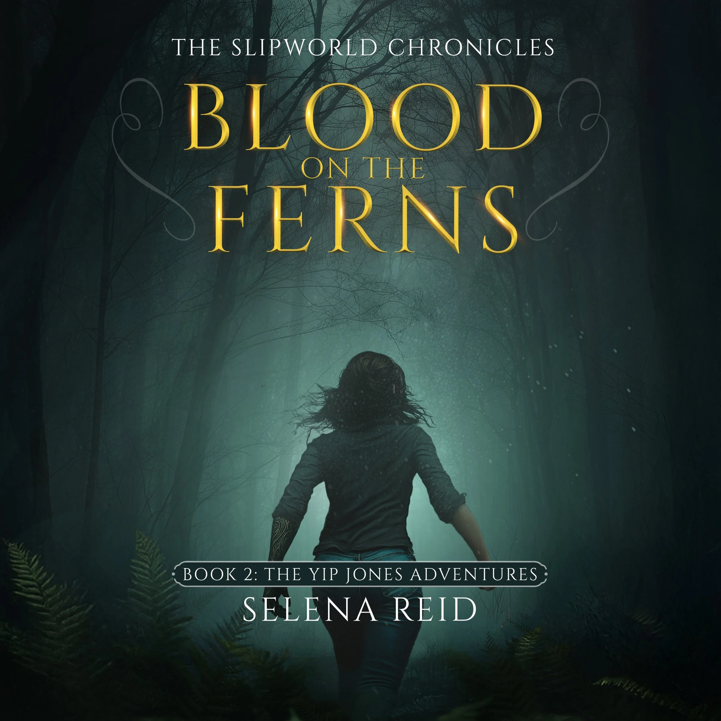 Book cover for 'Blood on the Ferns' by Selena Reid featuring a person walking through a dark, foggy forest with fern plants in the foreground.