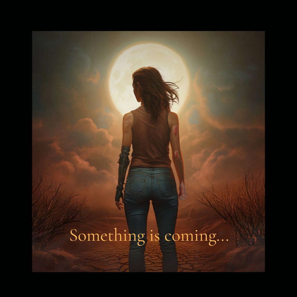 A woman with long brown hair, dressed in a brown tank top and jeans, standing face away from the viewer in a desolate landscape with dry, cracked ground and leafless bushes, looking at a large, bright full moon in the night sky. The woman appears to have scars on her arms and a mechanical arm on her right side. Overlaid text reads, "Something is coming..."