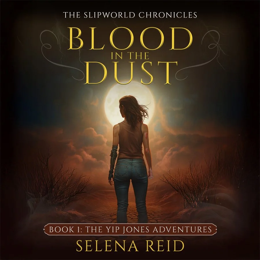Book cover for "Blood in the Dust" by Selena Reid, part of The Slipworld Chronicles series, featuring a girl standing in a barren landscape under a full moon with a dark sky.