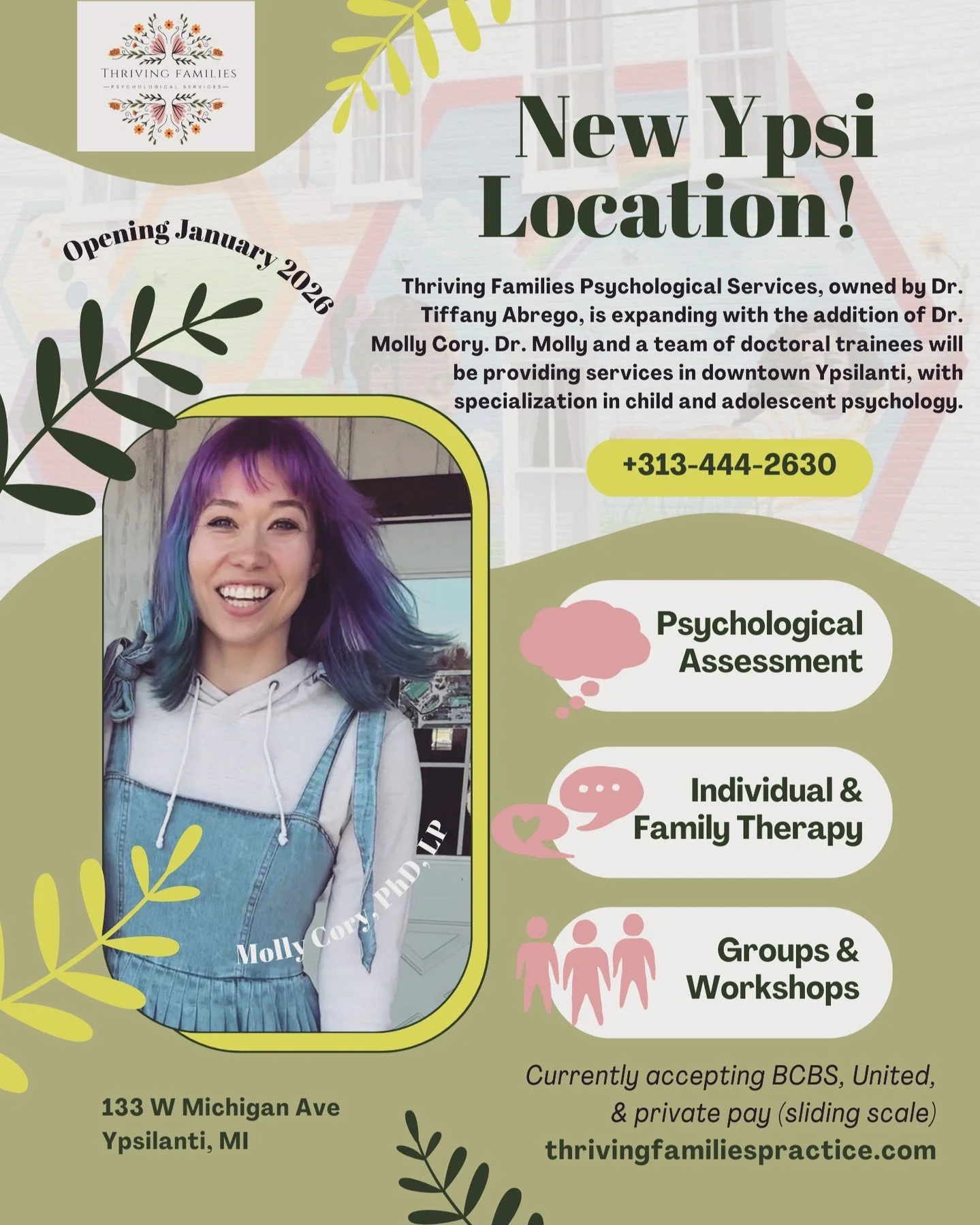 ANNOUNCEMENT!! We have a NEW location!! Dr. Molly Cory, PhD, LP will be primarily at our Ypsilanti office and it's NOW OPEN! Call today or visit our website to schedule psychological testing in Ypsilanti.