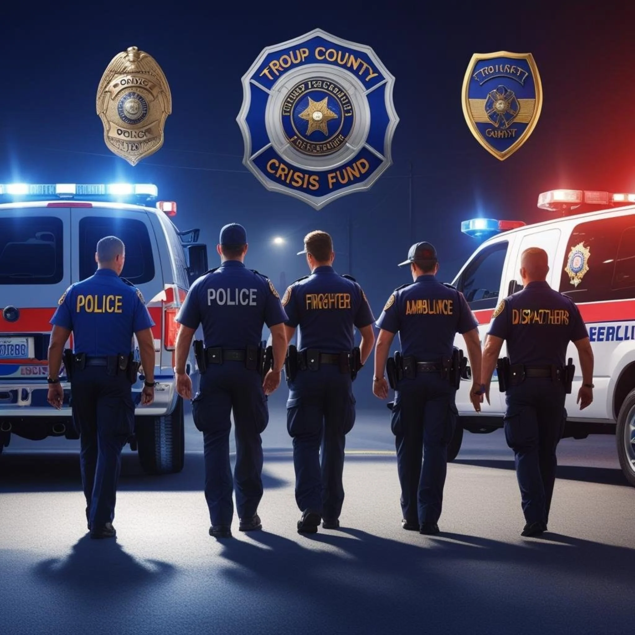 Five police officers are walking away from a scene, with police vehicles on either side, under a display of police badges and a 'Crisis Fund' sign, at night.