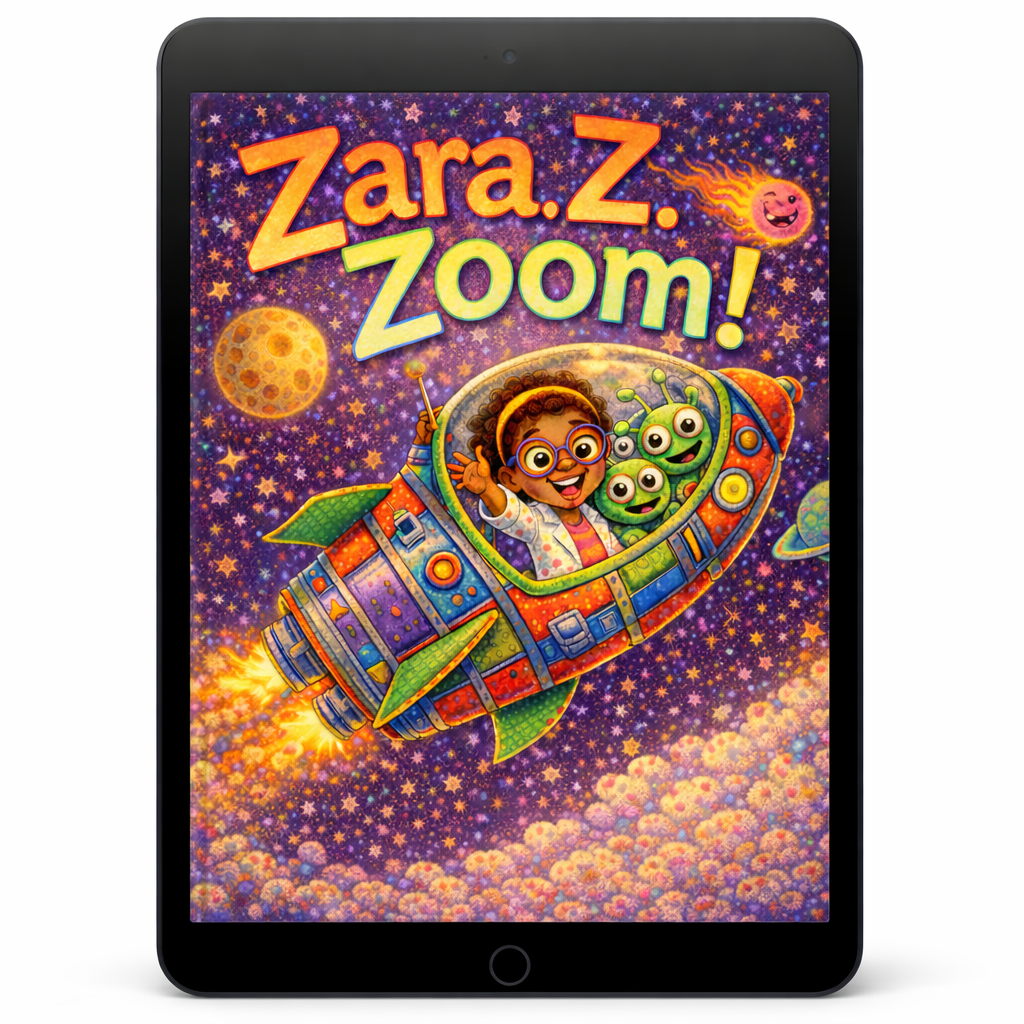 Children's book cover titled "Zara.Z. Zoom!" featuring cartoon characters in a spaceship flying through space with planets, stars, and a comical flaming meteor.