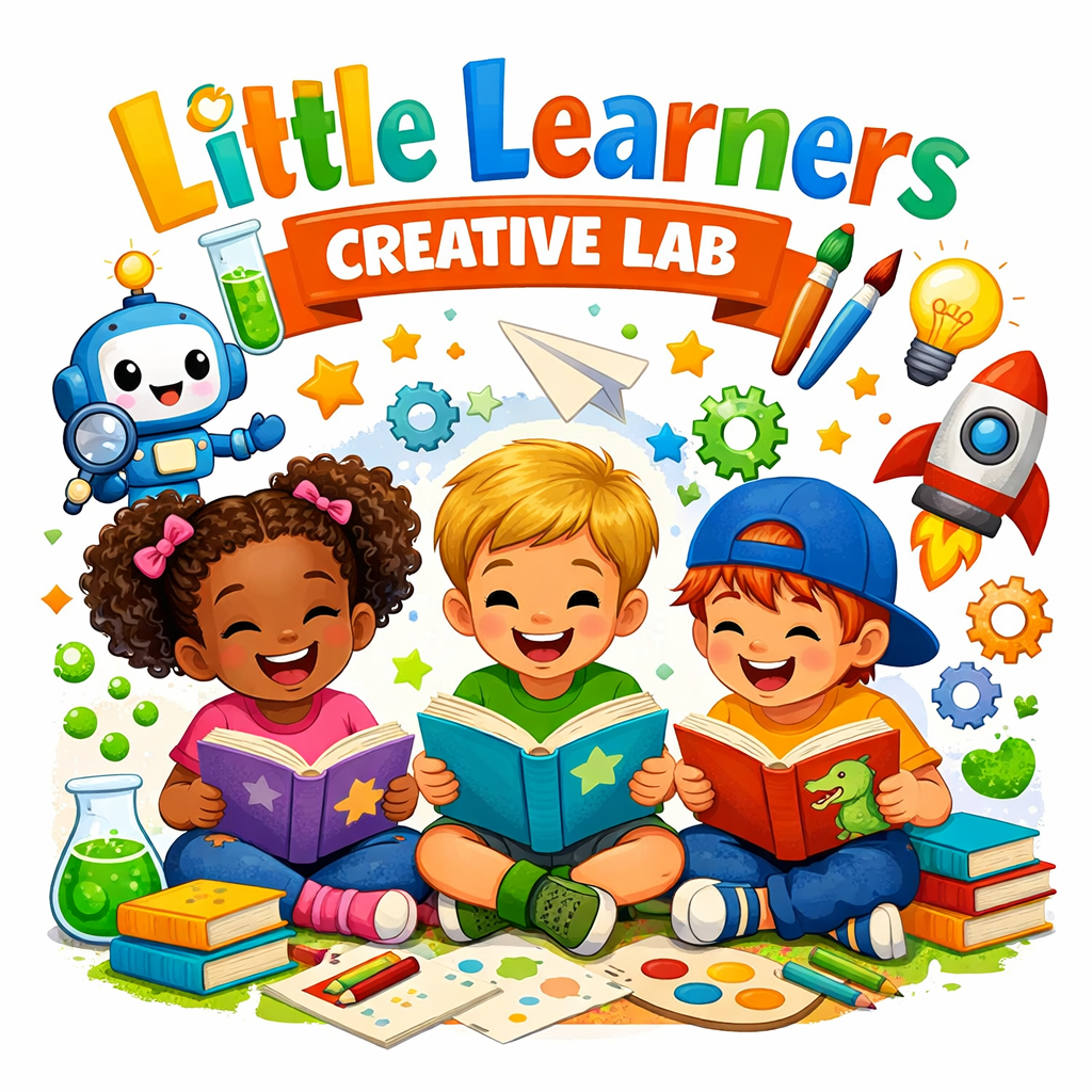Children sitting cross-legged with books, surrounded by science and art supplies, robotics, gears, a rocket, and vibrant decorations in a colorful cartoon style, representing a little learners' creative lab.