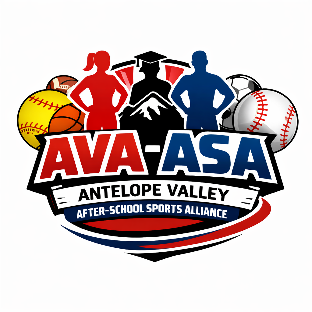 Logo for AVA ASA Antelope Valley After-School Sports Alliance featuring silhouettes of a girl and a boy with sports equipment and a graduate figure in the center.