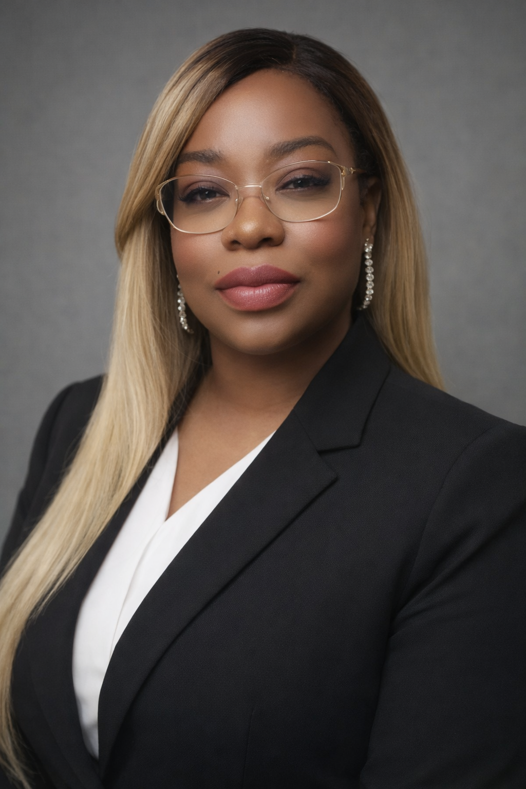 A professional woman with long blonde hair, wearing clear glasses, pearl earrings, a black blazer, and a white blouse, posing against a gray background.