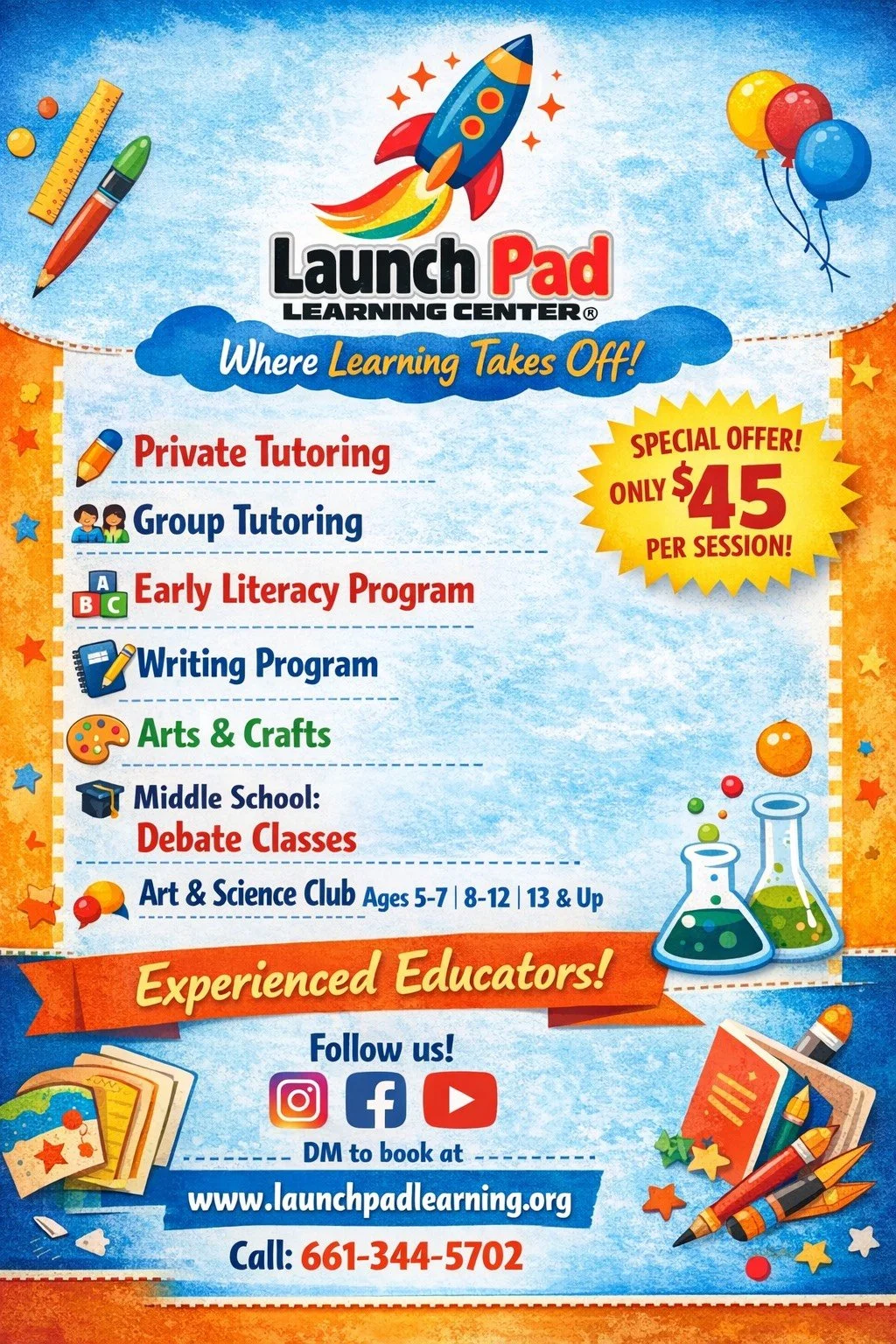 bright colored flyer with a rocket on top and private tutoring and group tutoring offered for $45 per hour