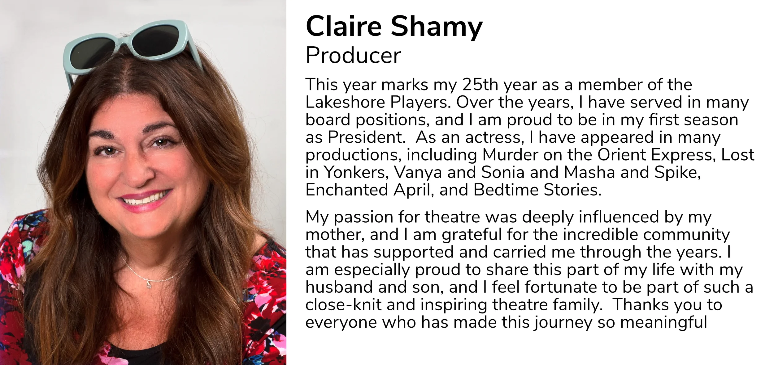 Portrait of a woman with long brown hair, wearing sunglasses on her head, smiling, and wearing a colorful top.