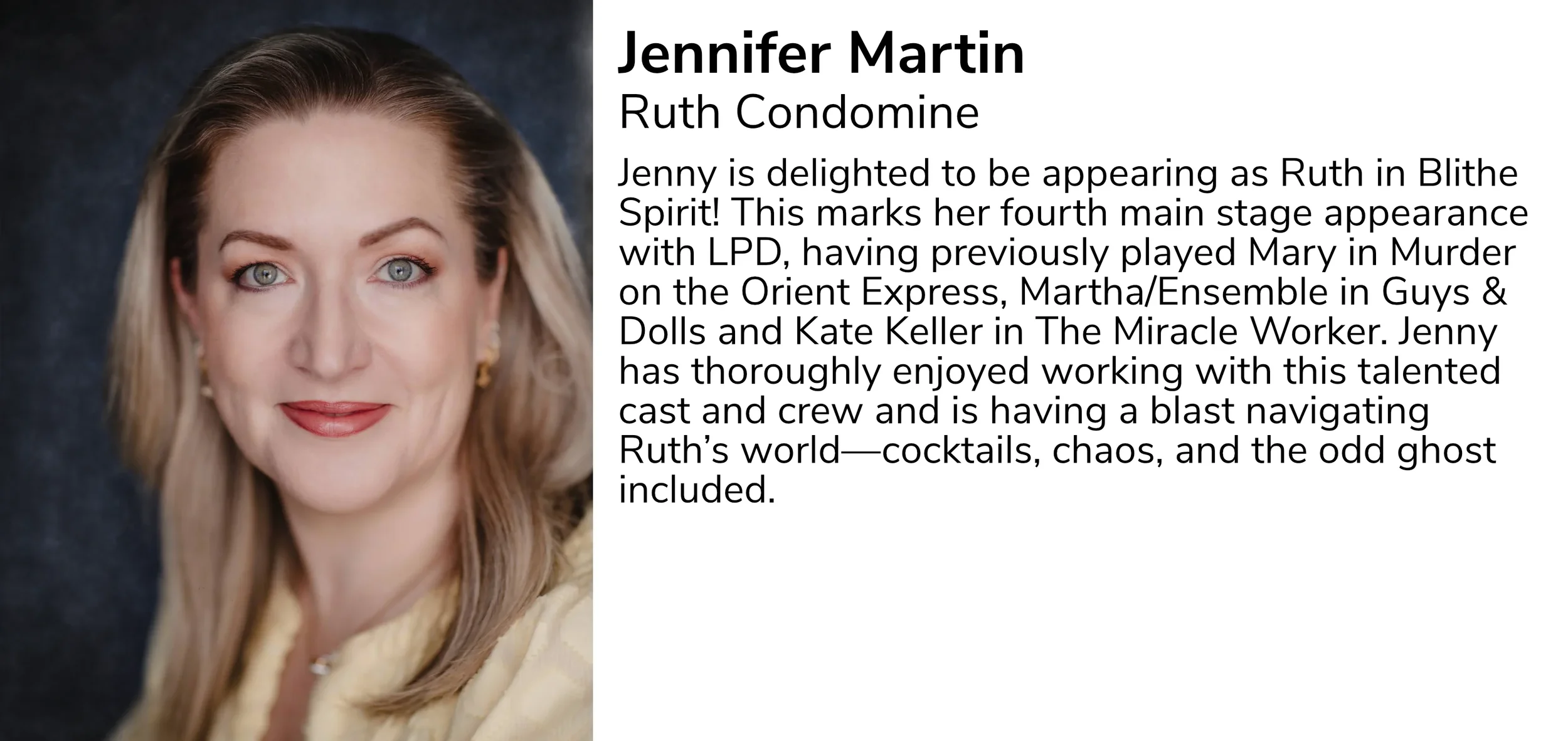 Headshot of Jennifer Martin, smiling woman with blonde hair, blue eyes, wearing red lipstick and gold earrings, against a dark background.