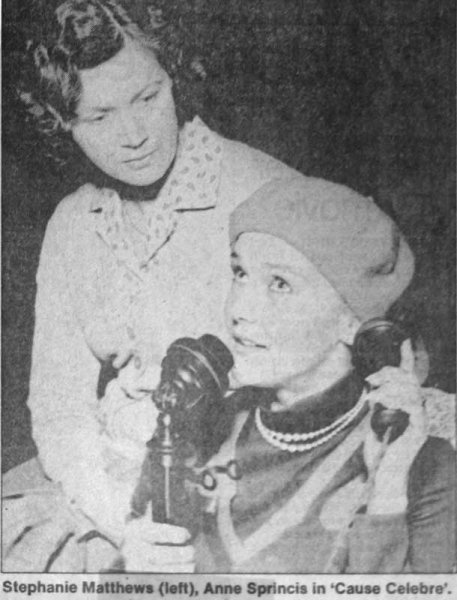 Black and white photo of two women, Stephanie Matthews on the left and Anne Sprincis in the play 'Cause Celebre.' Stephanie Matthews is looking at Anne Sprincis, who is holding an old-fashioned telephone receiver to her ear.