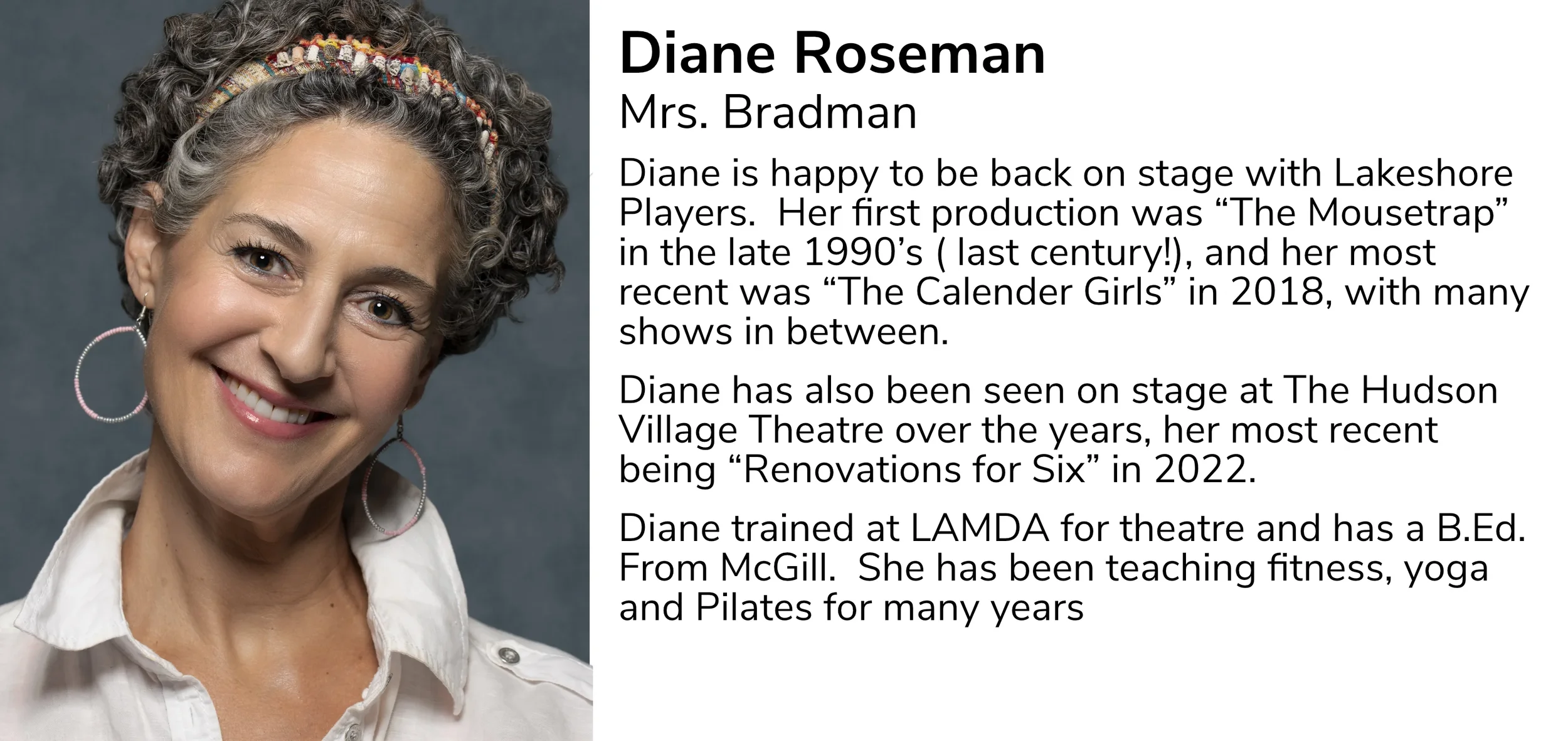 Portrait of Diane Roseman, a woman with short curly gray hair, wearing a colorful headband, hoop earrings, and a white collared shirt, smiling at the camera.