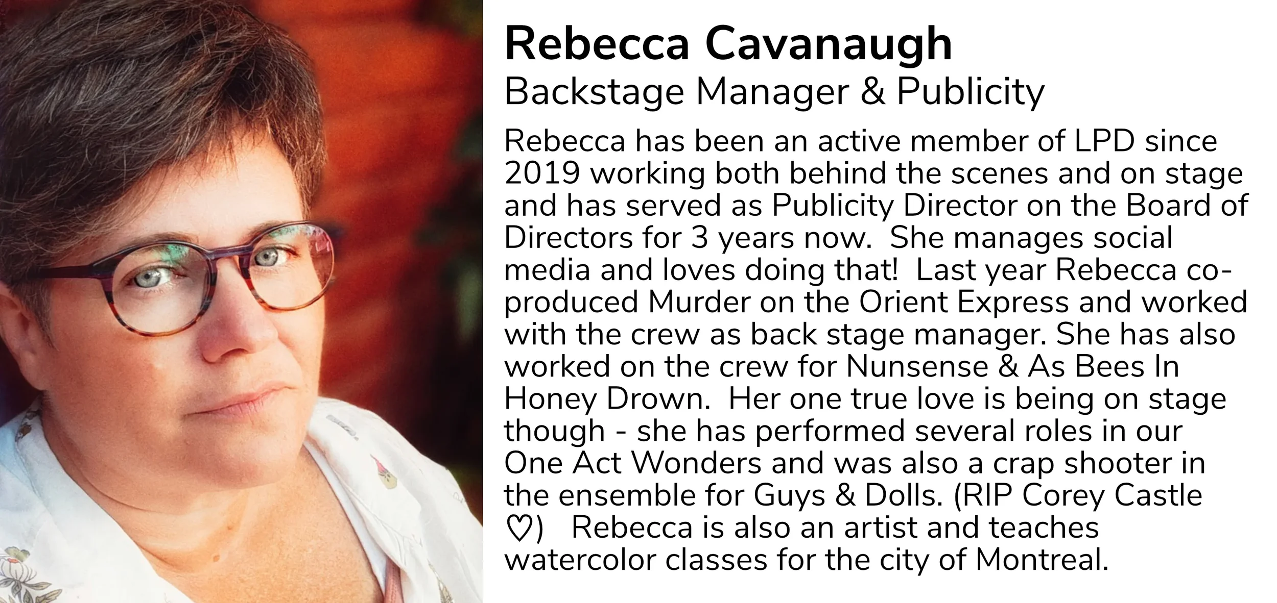 A woman with short hair, glasses with patterned frames, and a white shirt with small prints.