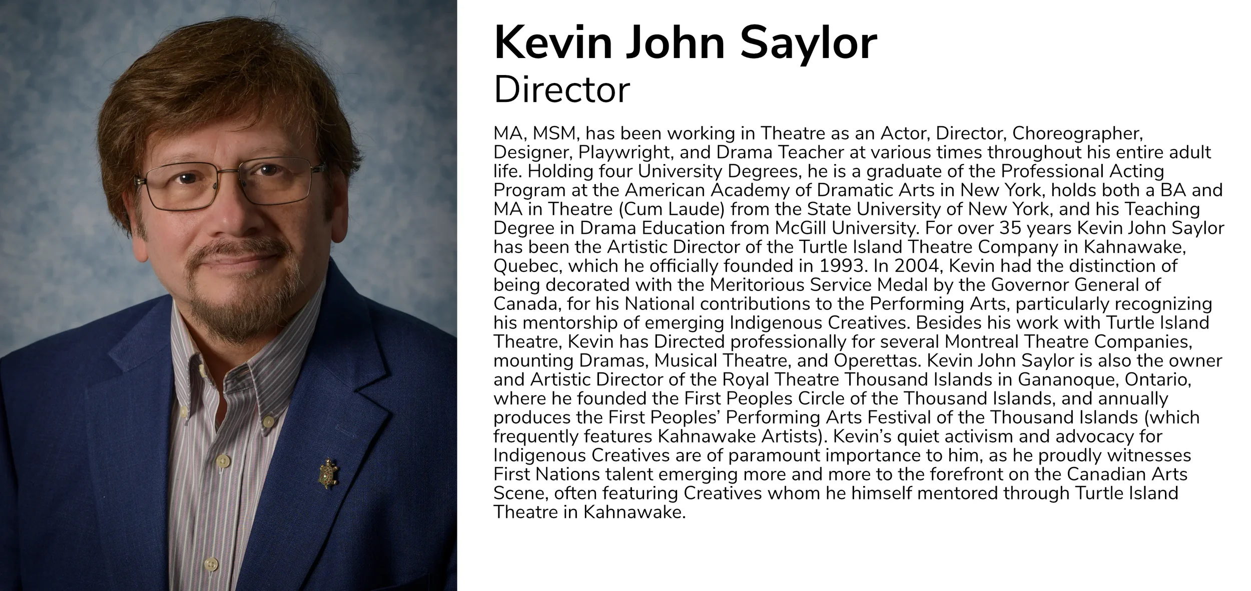 Photograph of a man with brown hair, glasses, a goatee, wearing a blue suit jacket, striped shirt, and listening to a microphone, next to a biography about Kevin John Saylor.