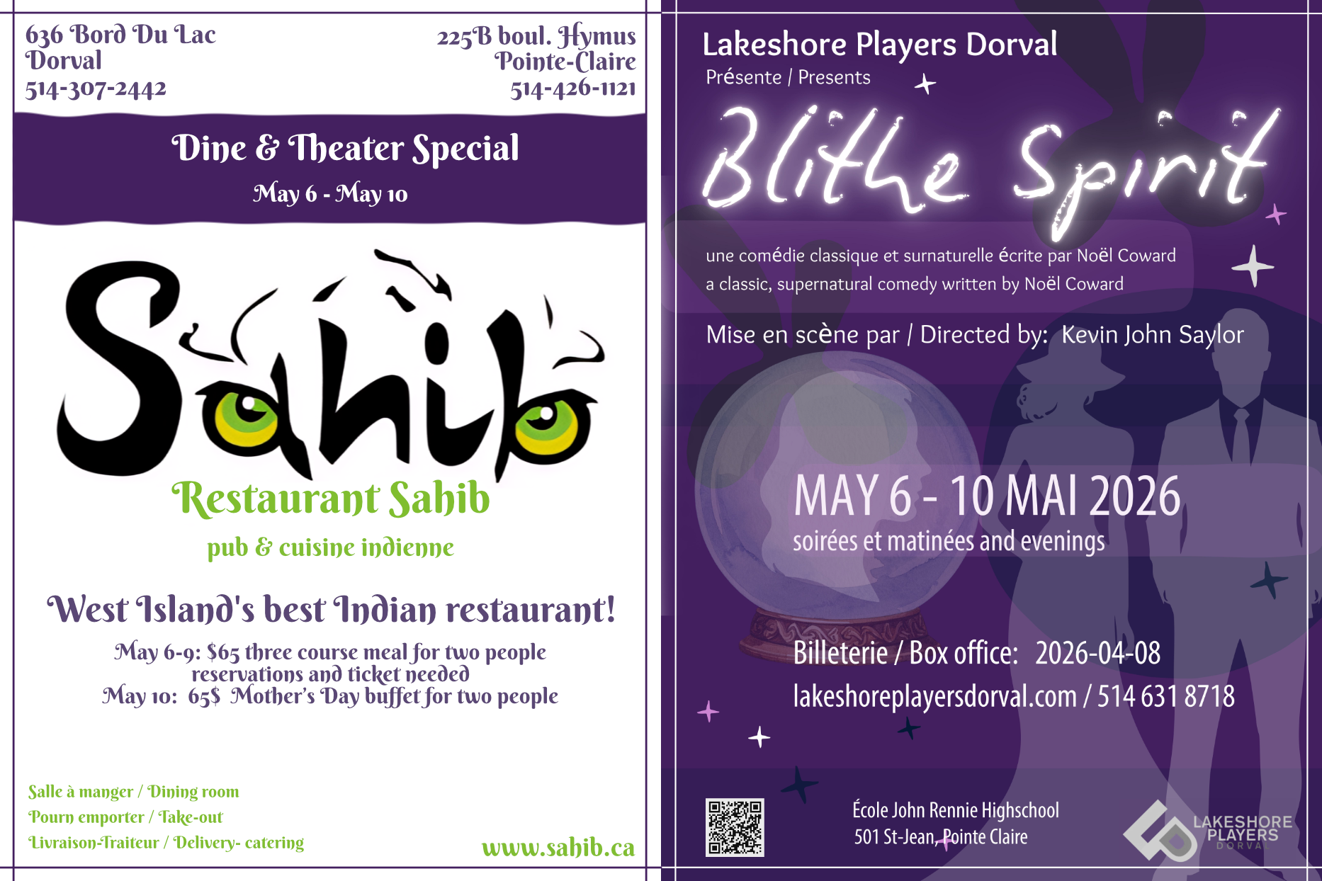 A promotional flyer for an Indian restaurant named Sabib and a theater performance called Blithe Spirit by Lakeshore Players Dorval. The flyer includes details about the restaurant's address, contact, menu, and special events from May 6 to May 10, 2026, and the play's dates, director, and ticket information.