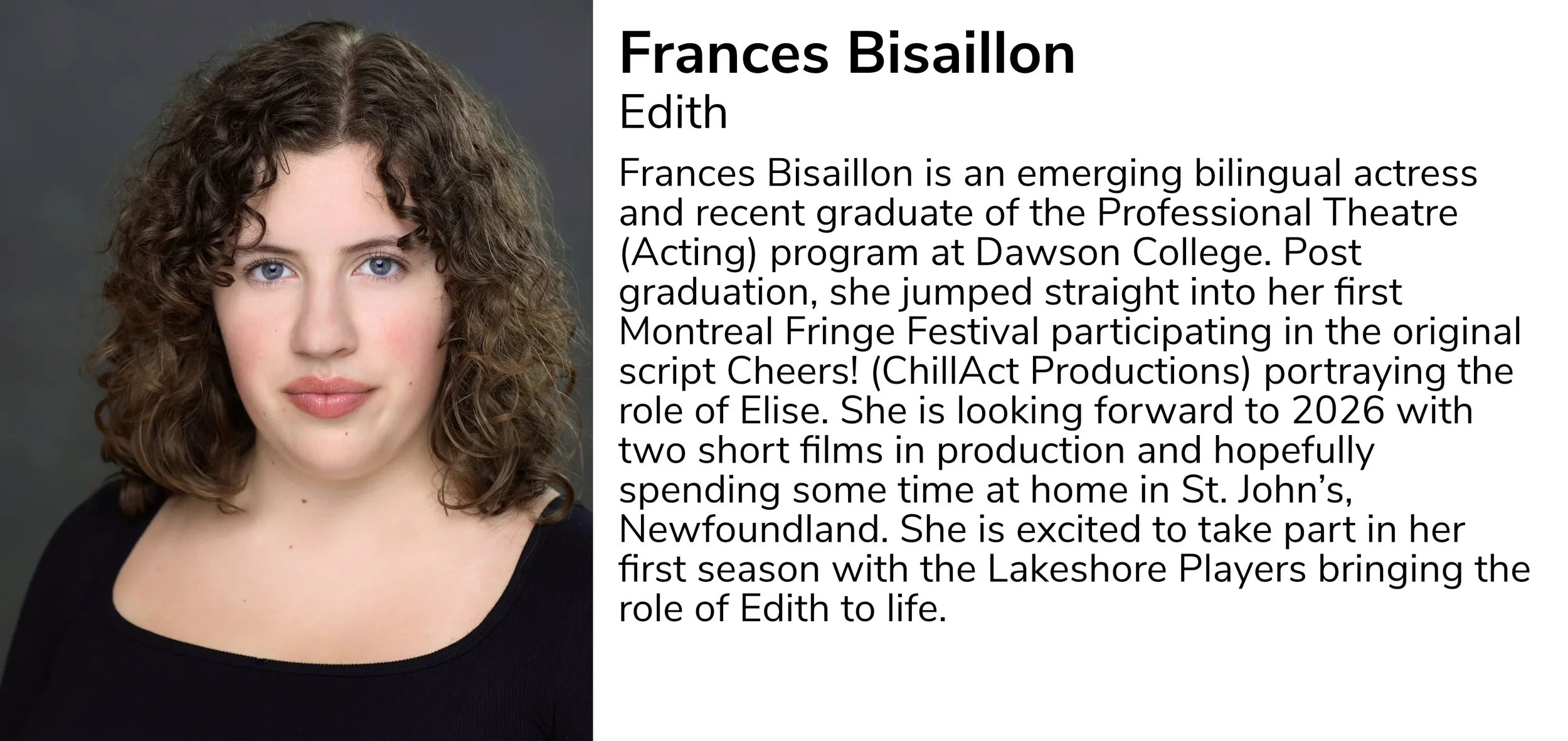 Headshot of a young woman with curly brown hair, blue eyes, wearing a black top, against a dark gray background.