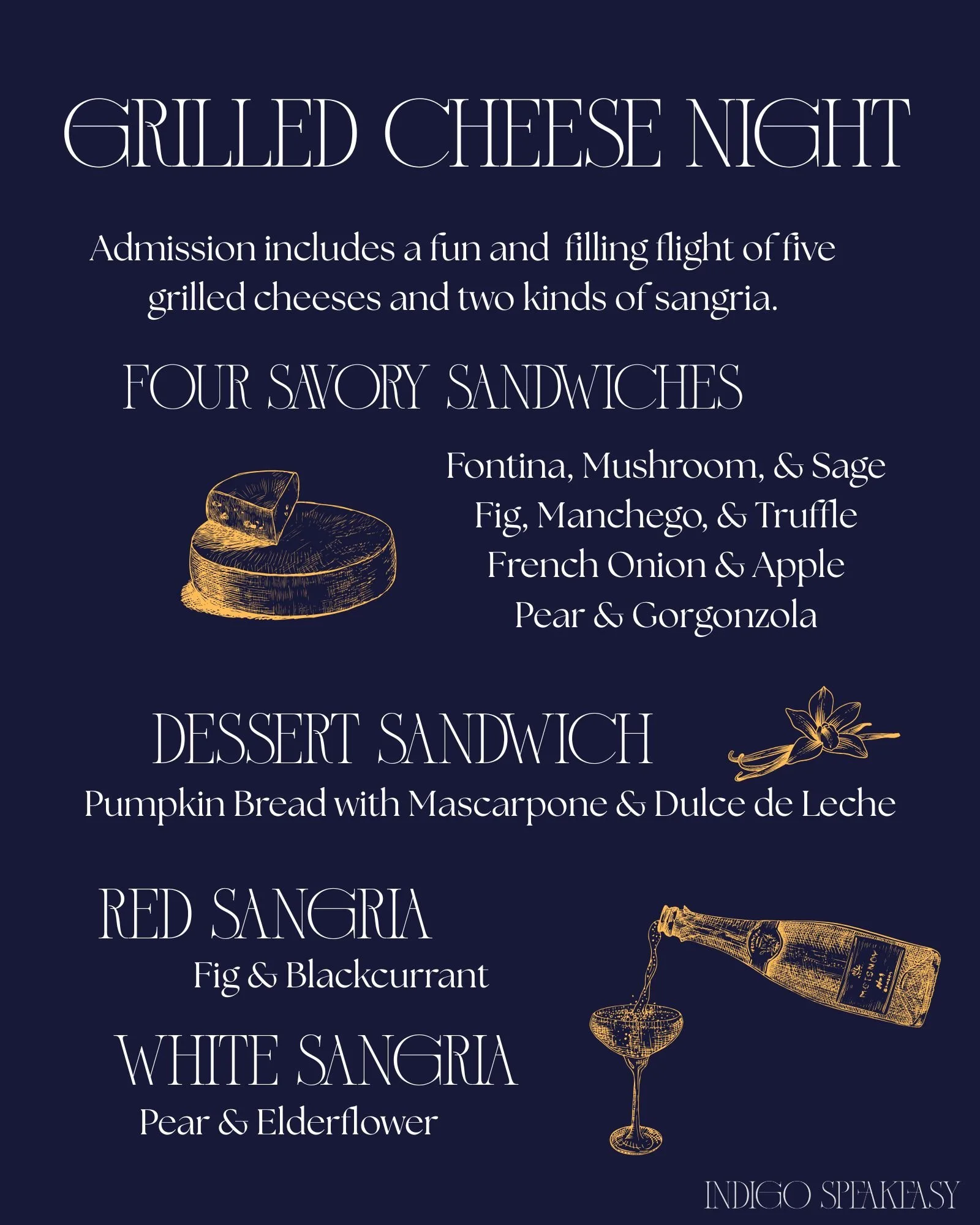 Grilled Cheese Night: An Indigo Speakeasy Pop-Up. Nov. 22nd, 7:30 PM