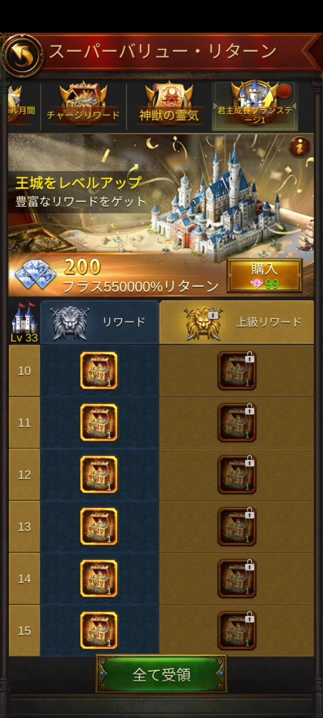 エボニー攻略ガイド｜パッケージ｜君主成長プラン｜城のイラストと宝箱のアイコンが並んだゲームの画面。上部に「スーパー バリュー・リターン」と記載されている。