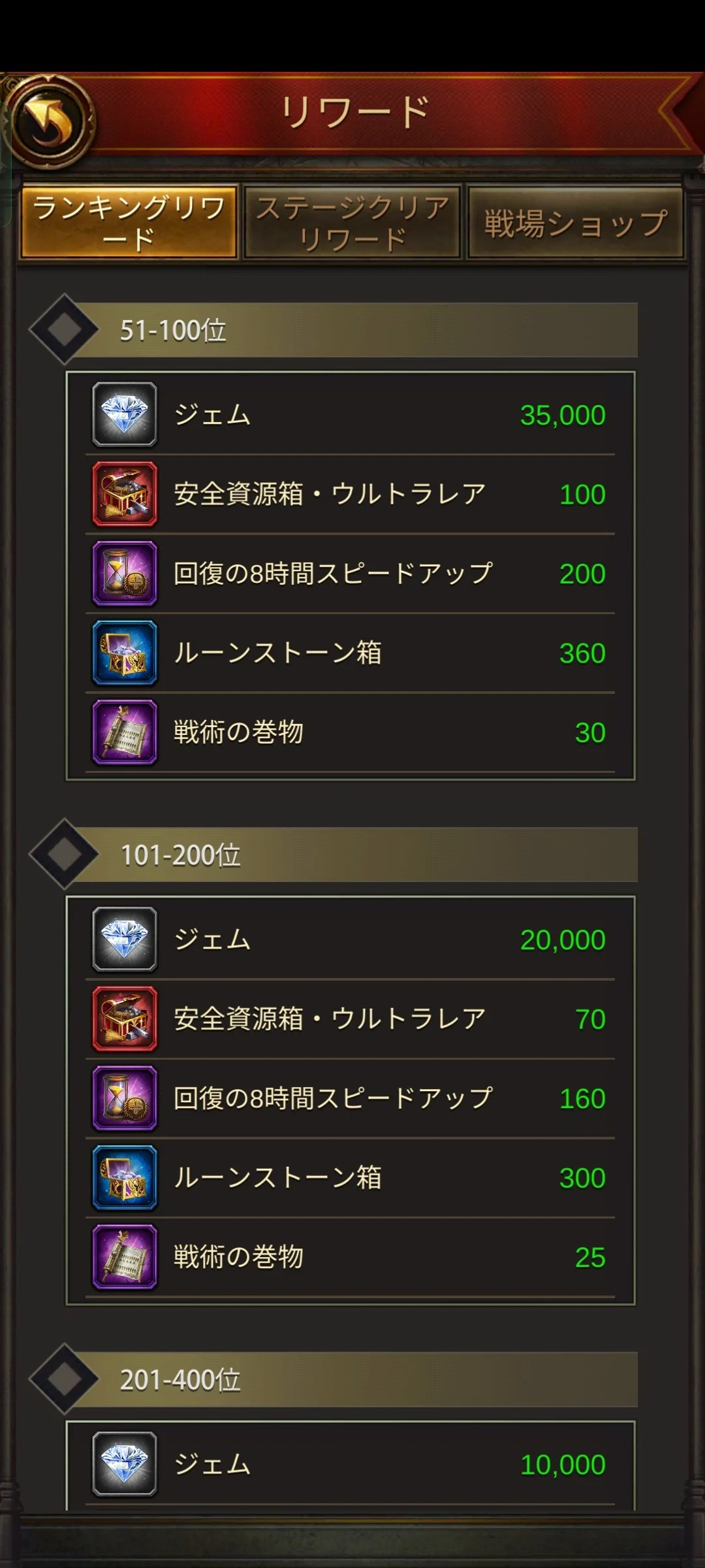 In-game reward list with rankings from 51 to 400, showing icons and quantities of gems, treasure chests, speed up items, and scrolls.