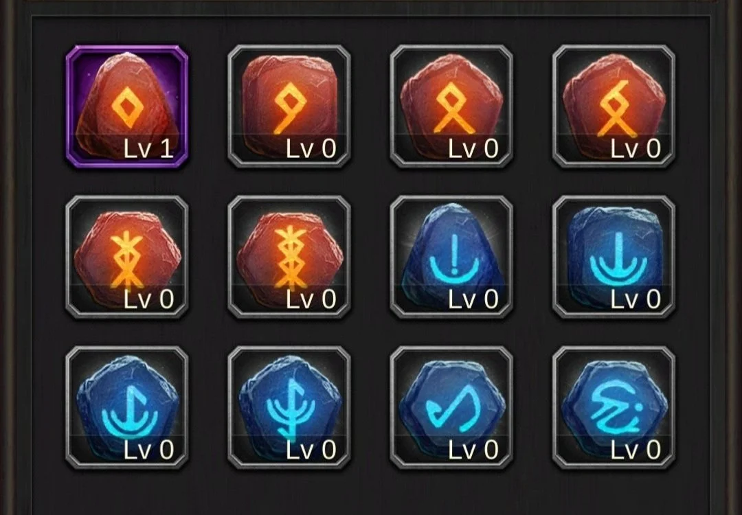A grid of twelve stone icons with glowing runes in red and blue colors, some with level indicators, on a dark background.