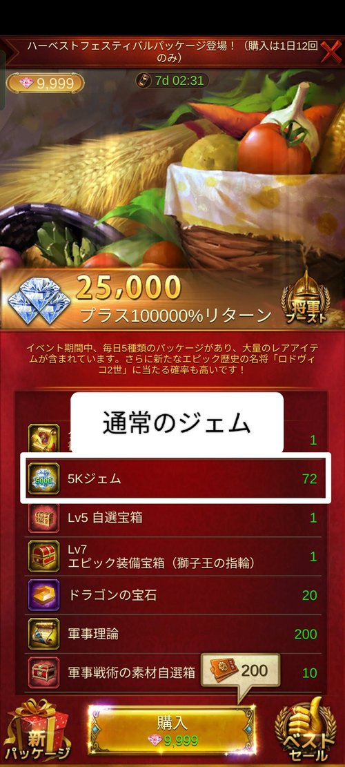通常のジェムの画面