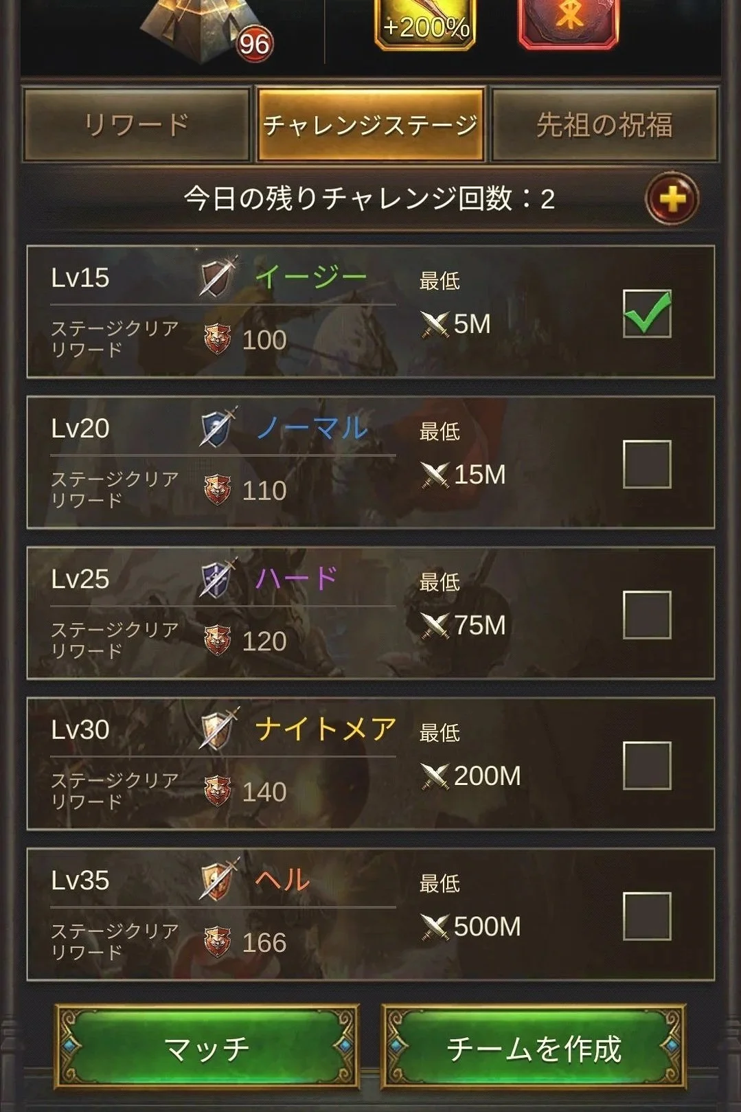 エボニー攻略ガイド｜イベント｜フン族の侵攻｜招待｜ゲームのチャレンジステージ選択画面。レベルごとに異なる難易度と必要なリワードが表示されている。