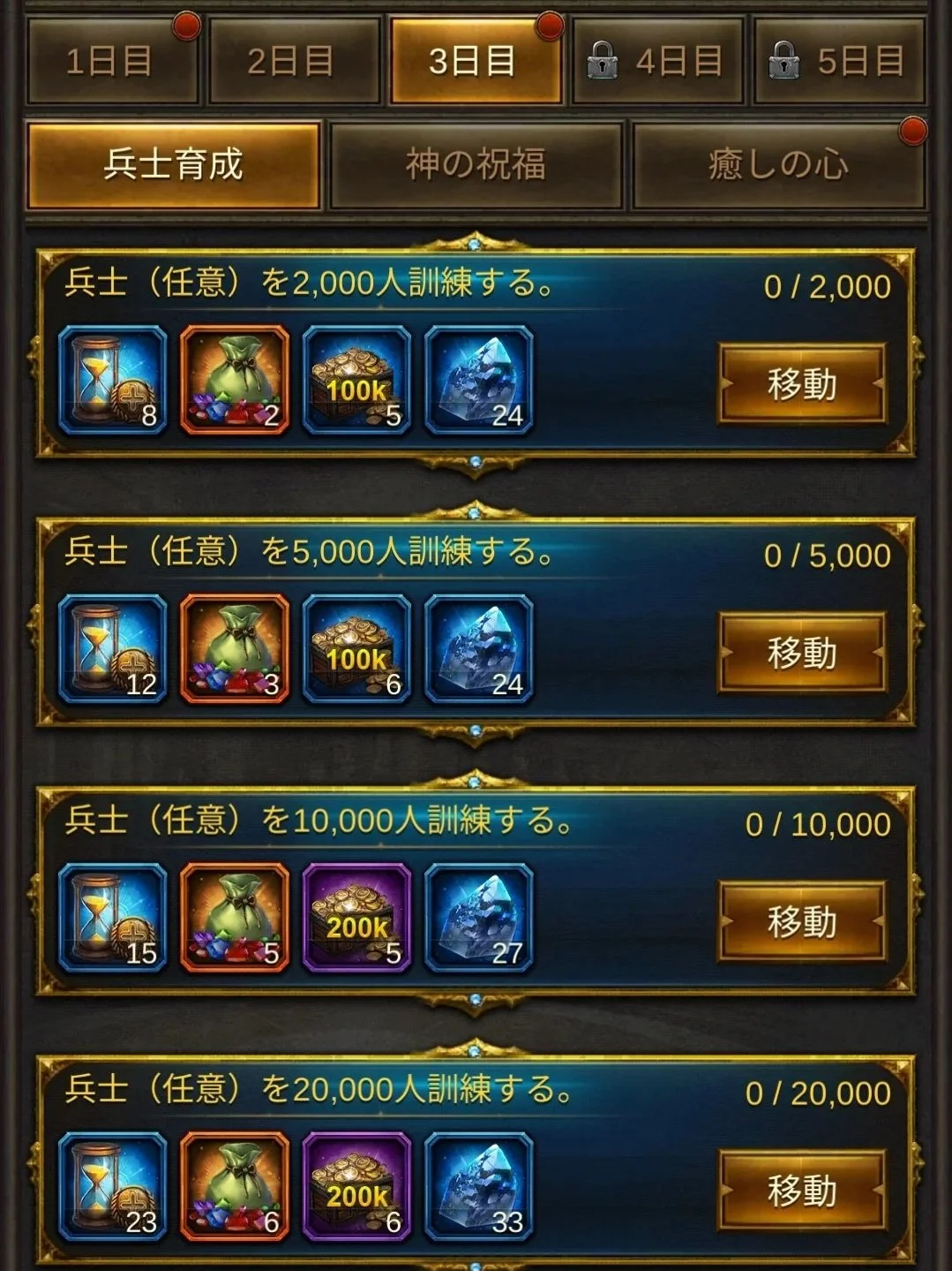 エボニー攻略ガイド｜イベント｜王の花道｜3日目｜ゲームのインターフェース画面で、兵士訓練のレベル選択とリソースアイコンが表示されている