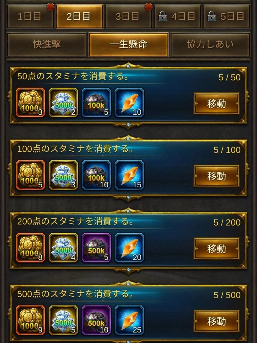 エボニー攻略ガイド｜イベント｜王の花道｜2日目｜ゲームのインターフェース画面、スタミナポイントを消費して報酬を獲得する選択肢が並ぶ