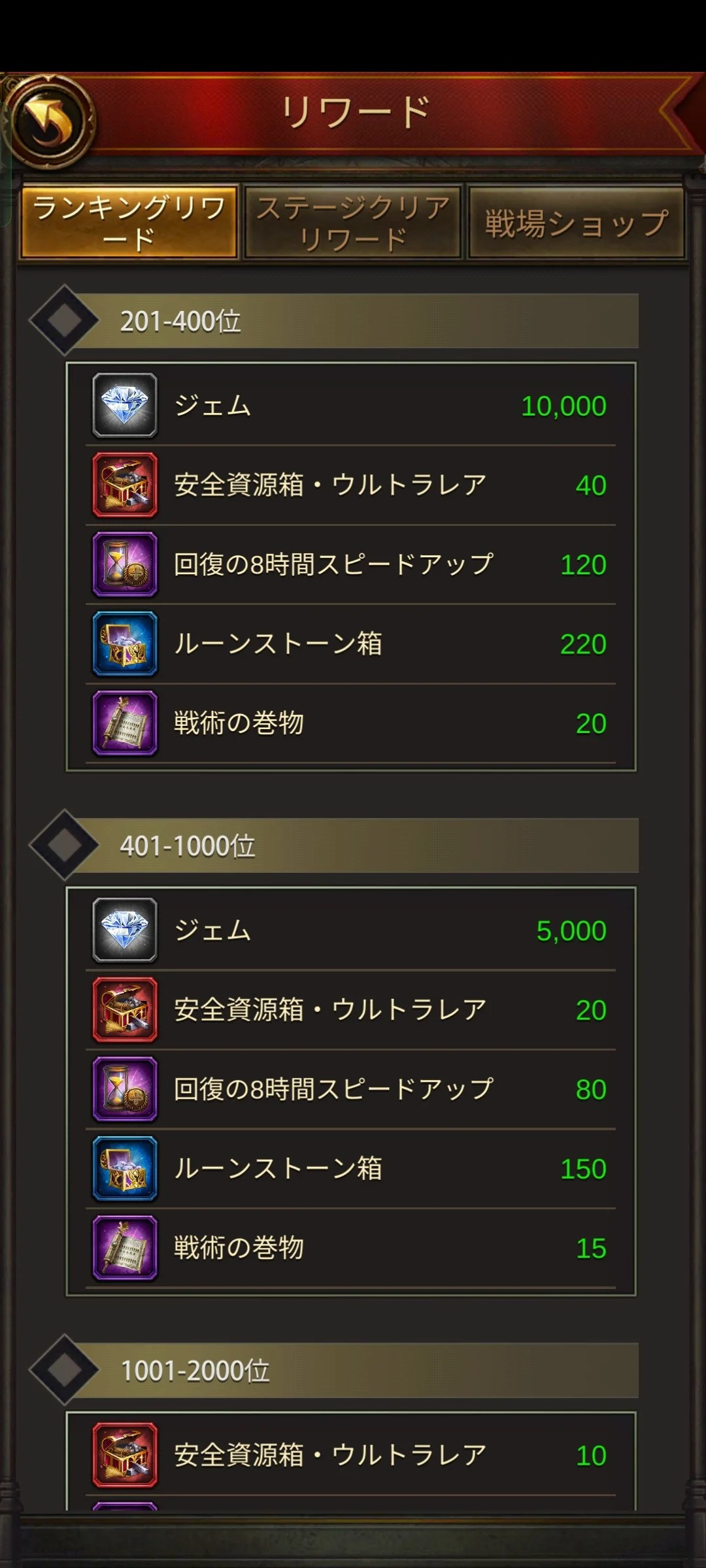 In-game reward list showing items and their quantities for different rank ranges, with icons of gems, treasure chests, speed-up items, and scrolls.