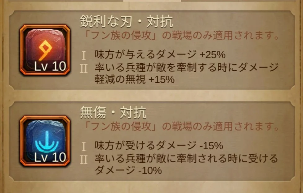 Two game skill icons with Japanese text describing attack and defense skills at level 10.