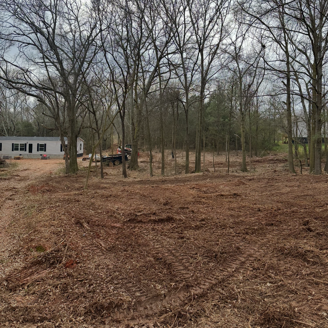 A cleared backyard with dirt and tire tracks, bare trees, and a house with a trailer in the background.