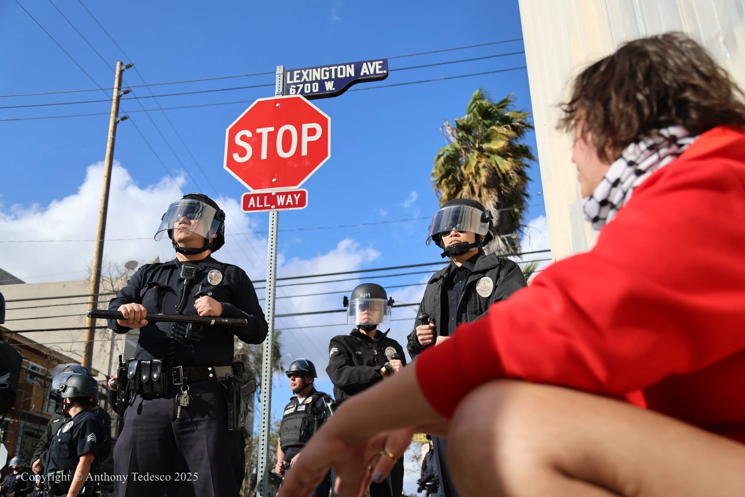 A woman with a red jacket and scarf sitting on the ground talking to a group of police officers who are standing at a street corner under a blue sky with some clouds and palm trees.