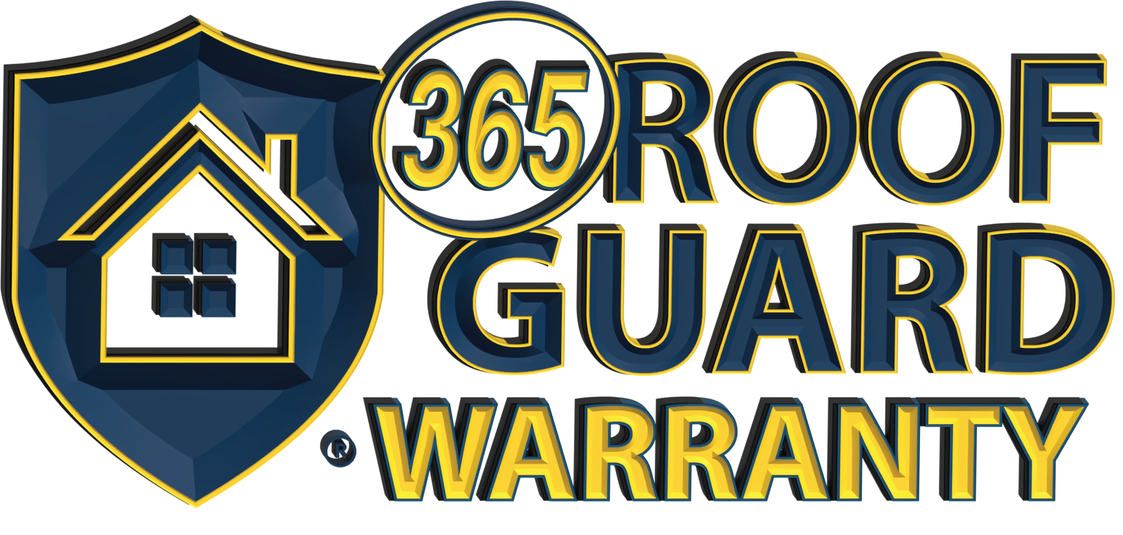 A logo for a 365-day home warranty service with a blue and yellow color scheme, featuring a house icon and bold text reading '365 Roof Guard Warranty'.