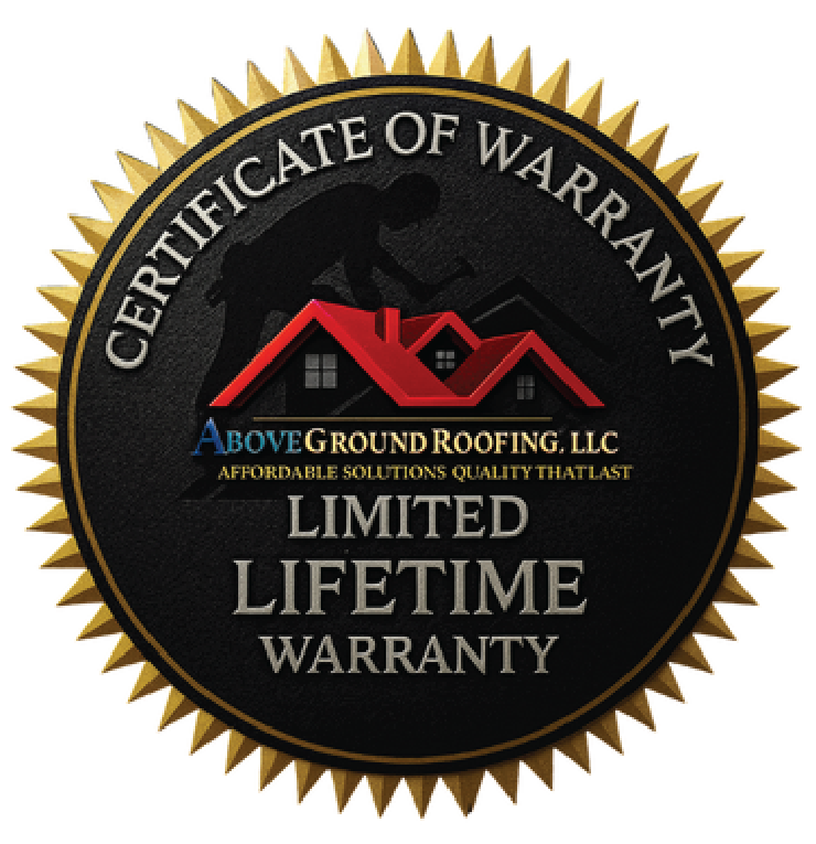 Seal-style badge with a black background and gold border. It features a silhouette of a worker on a roof, with a red roof graphic. Text reads 'Certificate of Warranty,' 'Above Ground Roofing LLC - Affordable Solutions Quality That Last,' and 'Limited Lifetime Warranty.'
