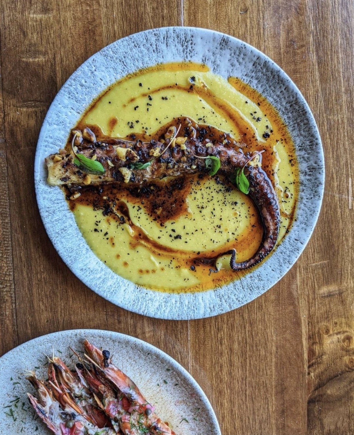 Grilled octopus, red lentil purée, hazelnut brown butter, isot