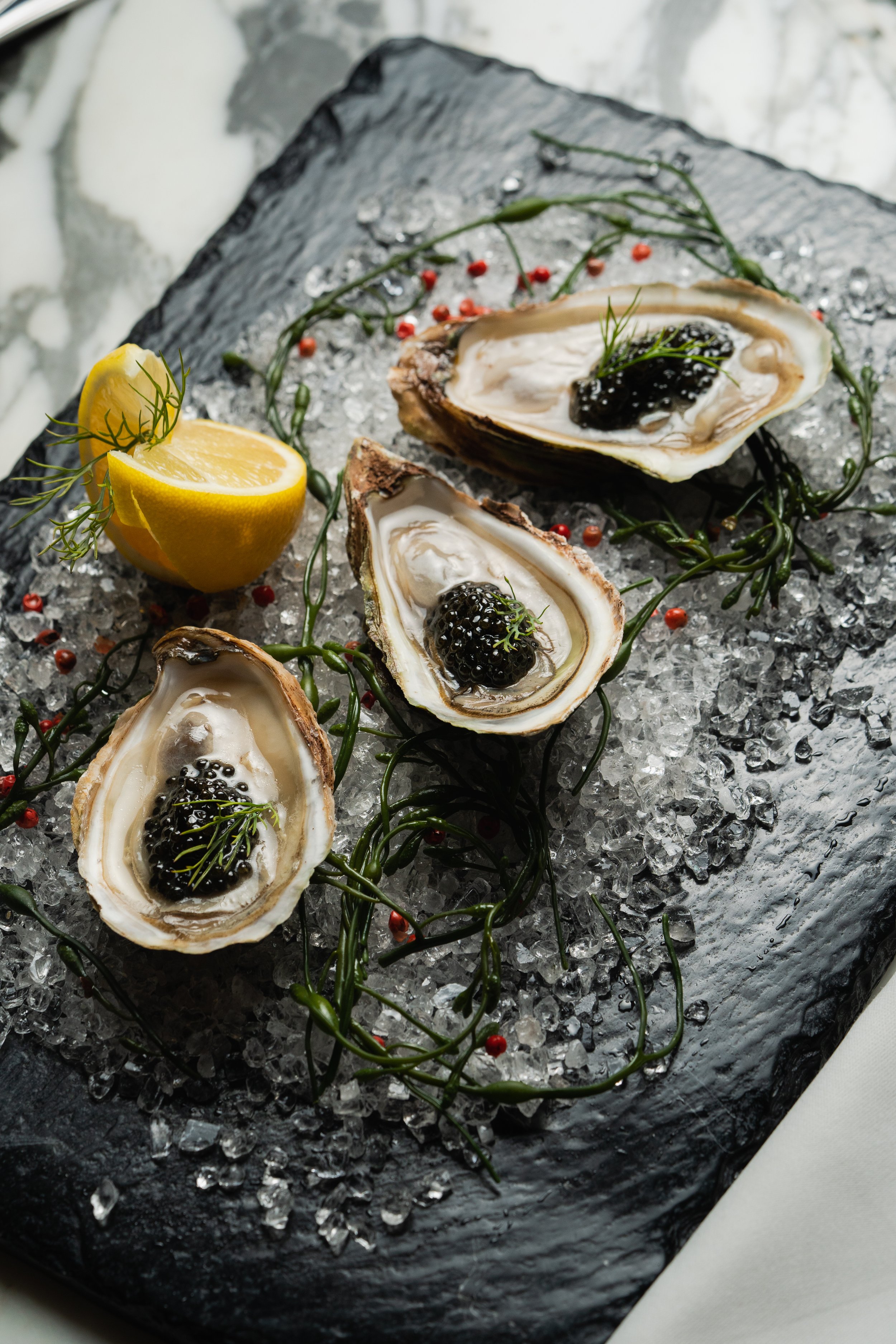 French kiss oysters, Petrossian caviar